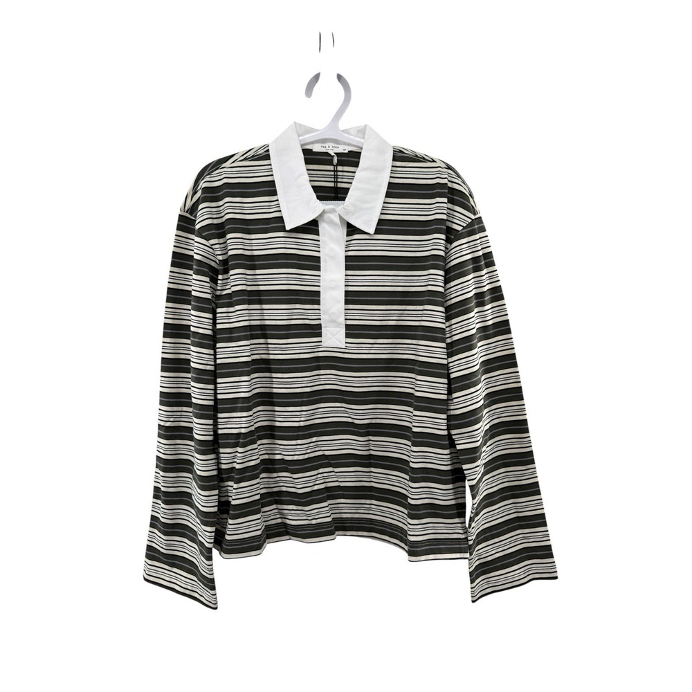 Rag & Bone Kelly Stripe Long Sleeve Green Cotton Polo Womens Small $198